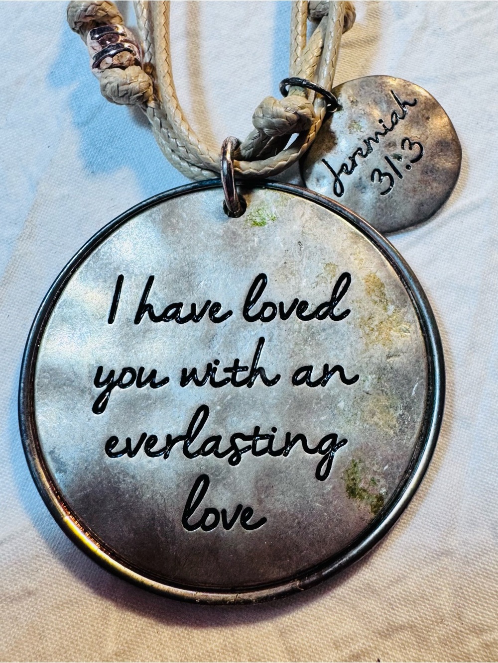 1946 Silver Tone Inspirational Pendant Necklace On Tan Cording Jeremiah 31:3